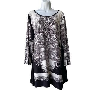 CALESSA Tunic Top Plus Size 2X Black White Prints Long Sleeve Knit Blouse